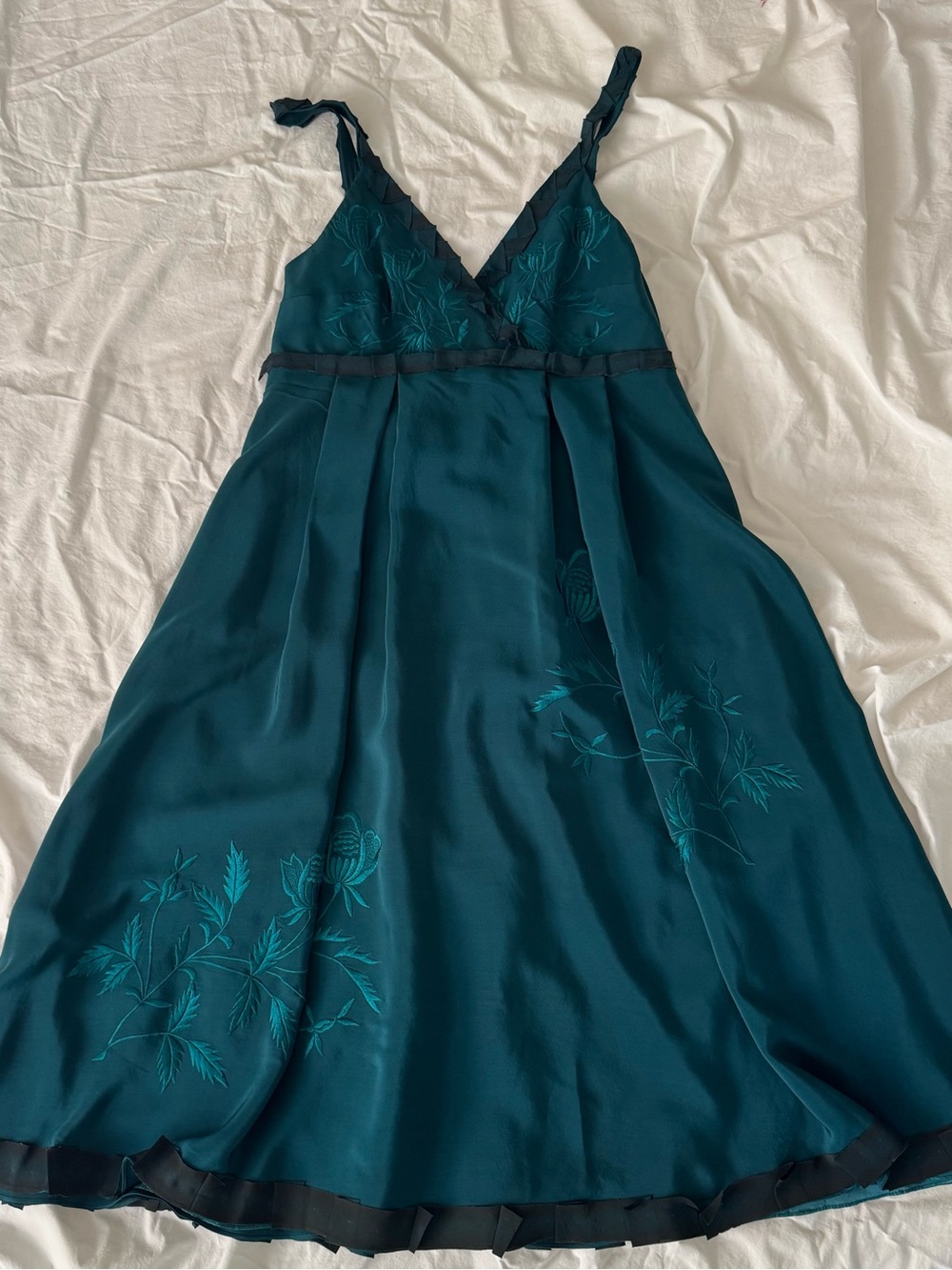 Sue Wong Teal Embroidered V-Neck Midi Dress